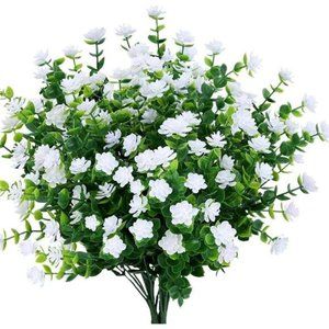 4 Bundles Outdoor Artificial Fake Flowers No Fade UV Resistant Faux Plant, White
